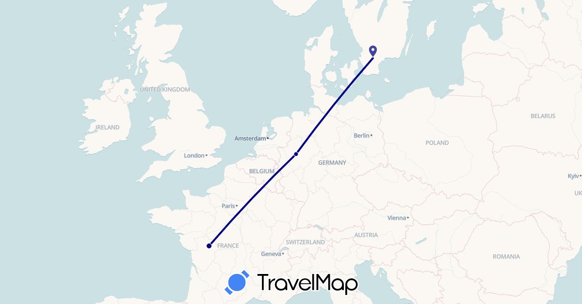 TravelMap itinerary: driving in Germany, France, Sweden (Europe)